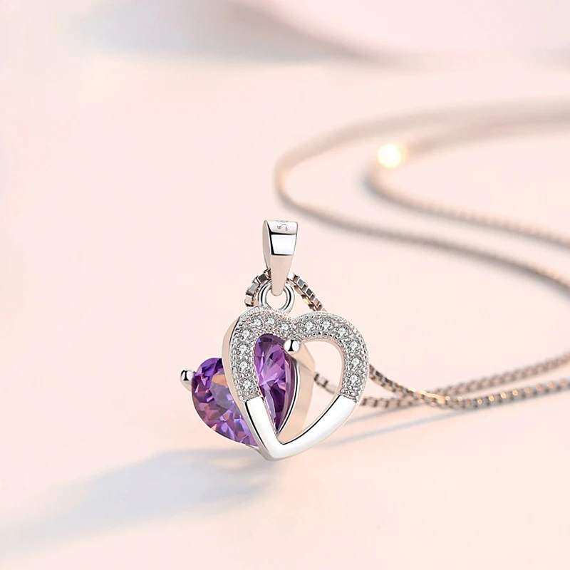 Hot Sale Fashion 925 Sterling Silver Double Heart Pendants Necklace Purple AAA Cubic Zirconia Drop Necklaces Women Jewelry Gift
