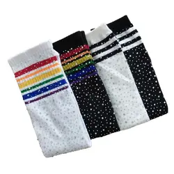 Fashion Children Knee High Socks Colorful Striped Rhinestone Girls Stockings P31B