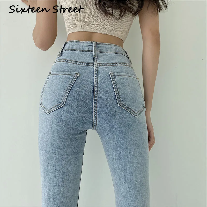 Koreański kobiet wysokiej talii dżinsy kobieta niebieska w stylu Casual elastyczne spodnie Skinny spodnie Flare kobiet sprany dżins długie spodnie w stylu Vintage elegancki 2020