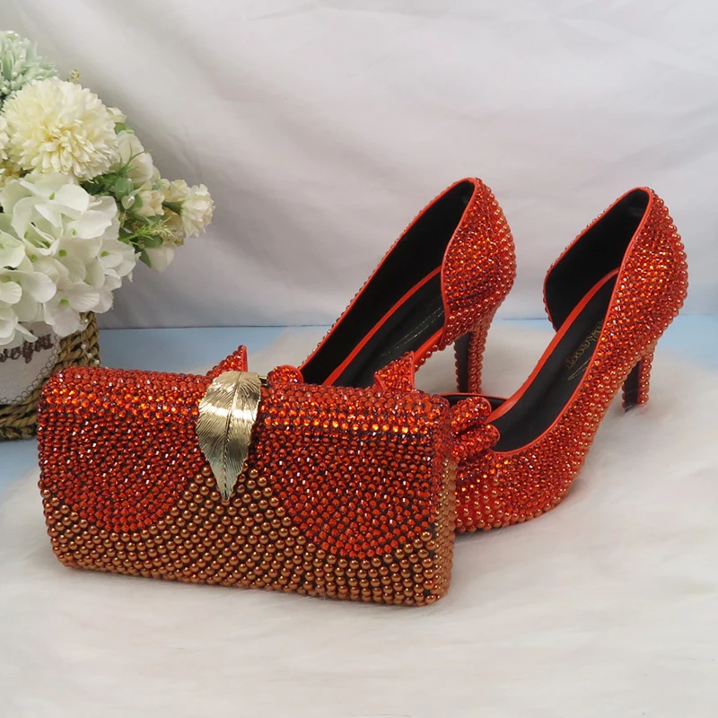 2022 New arrival Orange Crystal Women wedding shoes with matching bags Peep toe High Pumps fashion Open Toe shoes and Purse