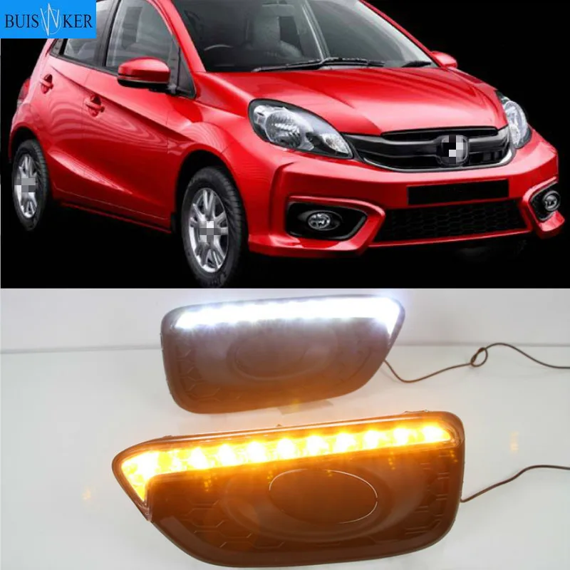 

2Pcs DRL For Honda Brio 2016 2017 Car 12V LED Daytime Running Light Fog Lamp cover daylight ABS with Yellow turn signal