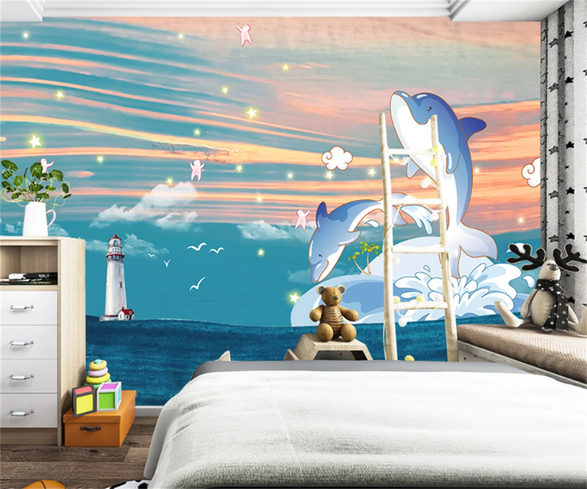 

Nordic minimalist cartoon underwater world dolphin children's room background wallpaper custom boys and girls bedroom murals