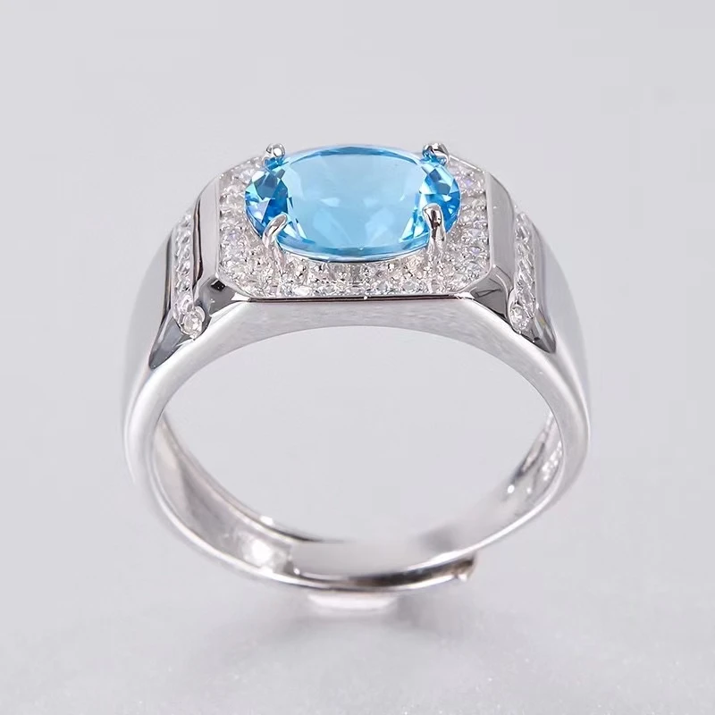 Newest Man Ring Muscular Character Blue Topaz Ring 8x10MM Natural Gemstone Fine Jewelry Good Gift Real 925 Sterling Silver