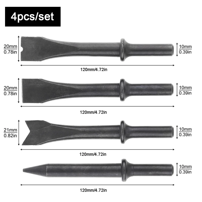 4pcs/5pcs Hard 45# Steel Solid Short Long Air Chisel Impact Head Support Pneumatic Tool Accessories for Cutting Rusting Removal