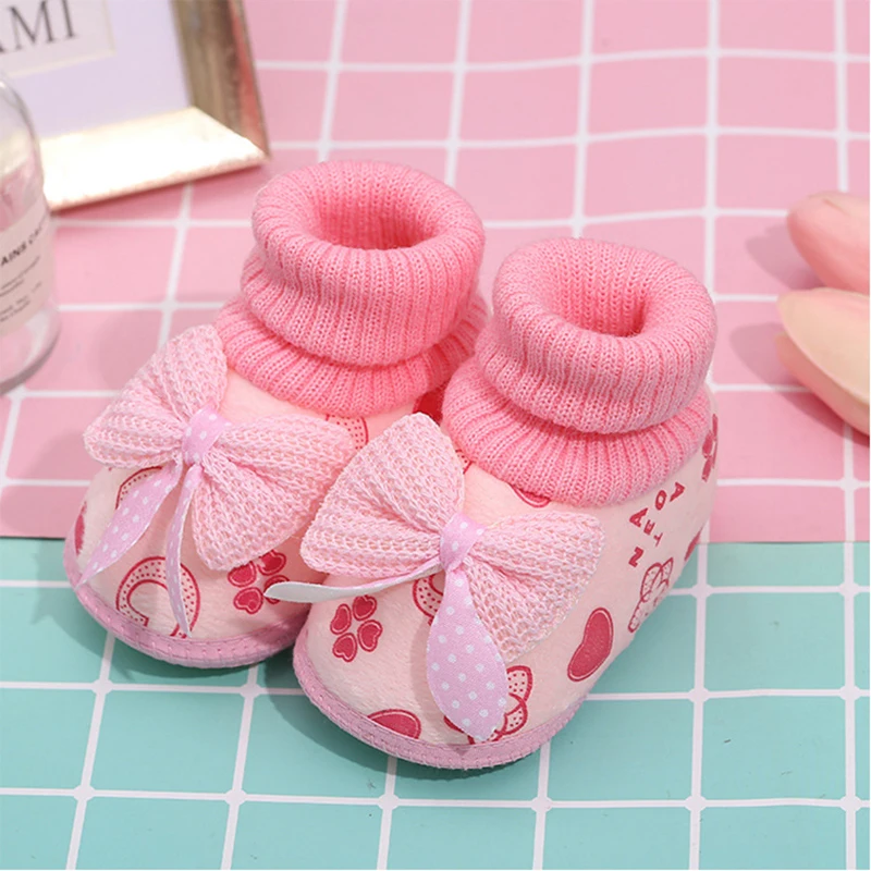 Newborn Toddler Shoes For Baby Girls Boys Winter Warm Baby First Walkers Shoes Fashion Bows Soft Sole Non-slip Crib Booties New