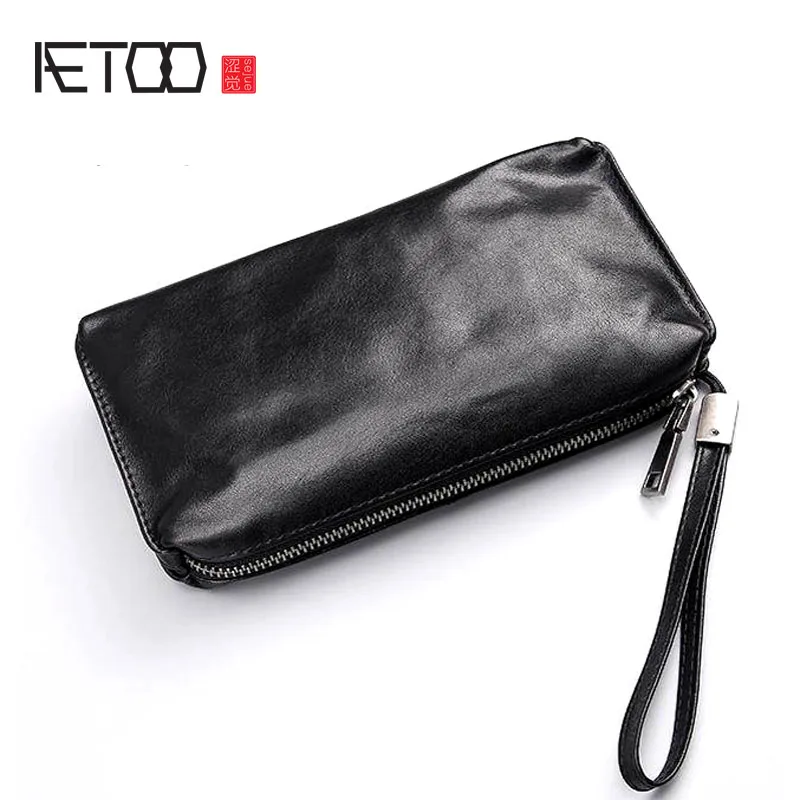 AETOO-Bolsa de mano larga de cuero suave para hombre, cartera retro, billetera para teléfono móvil