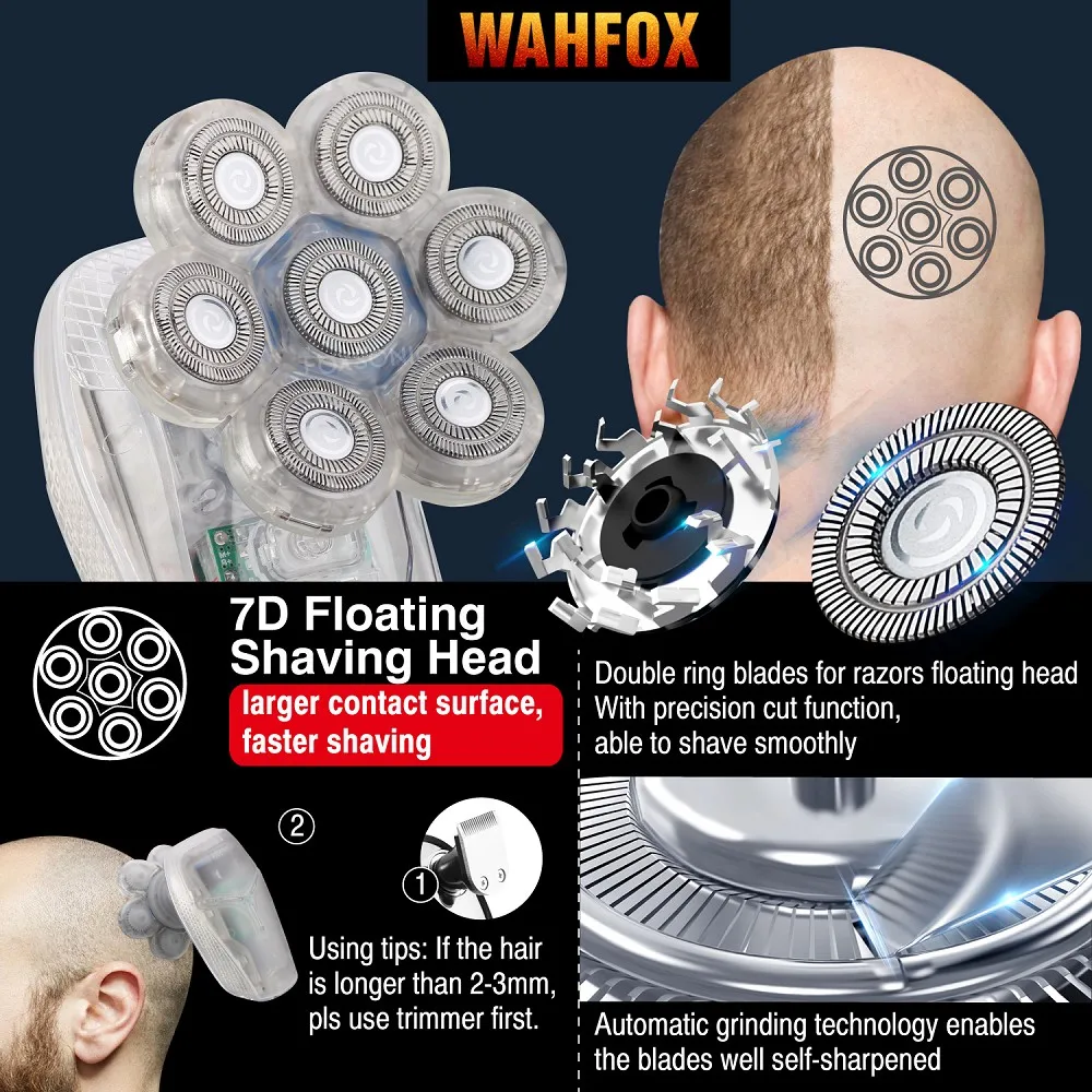 WAHFOX Electric Shaver For Men Transparent Care Digital Display Hair Trimmer Beard Razor Wet Dry Men Shaving Machine