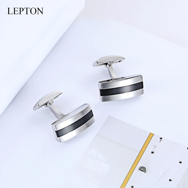 Lepton Silver & Black Color Cufflinks Matte Stainless Steel Cuff Links for Mens Wedding Business Father Day Gifts Cufflink