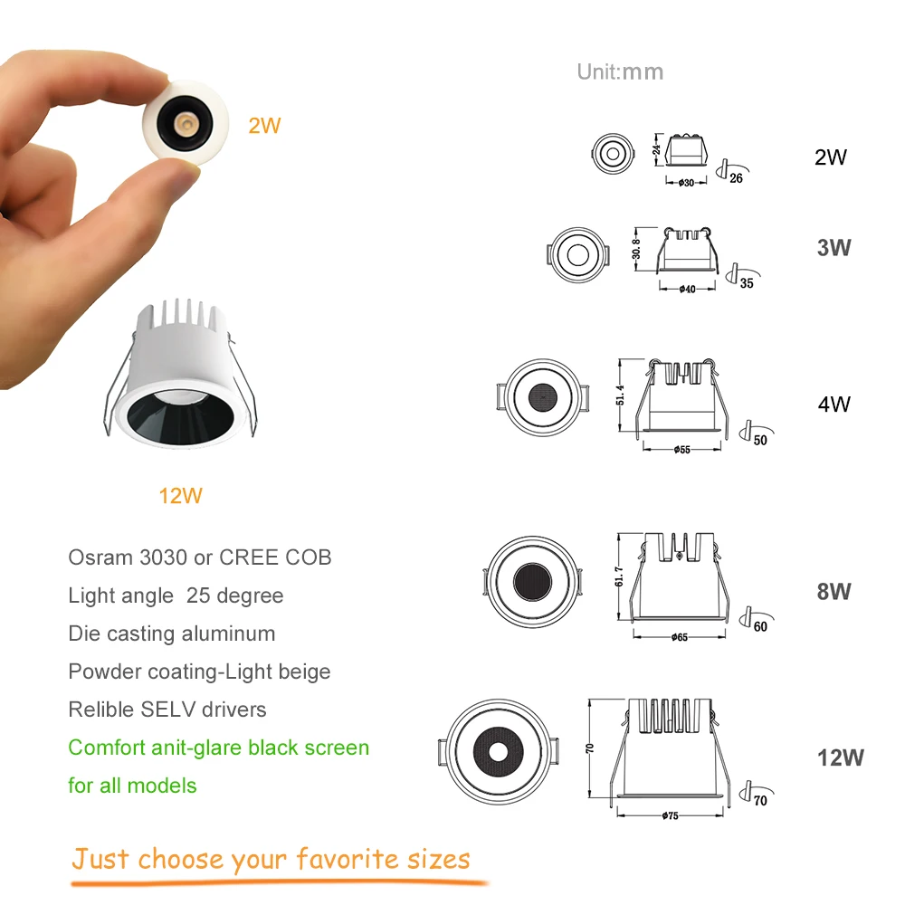 Modern Comfort Mini Small Spotlights Fixtures 2W-12W 0-10V TRIAC Deep COB Source Recessed Lamp for Landscape Room Restaurant