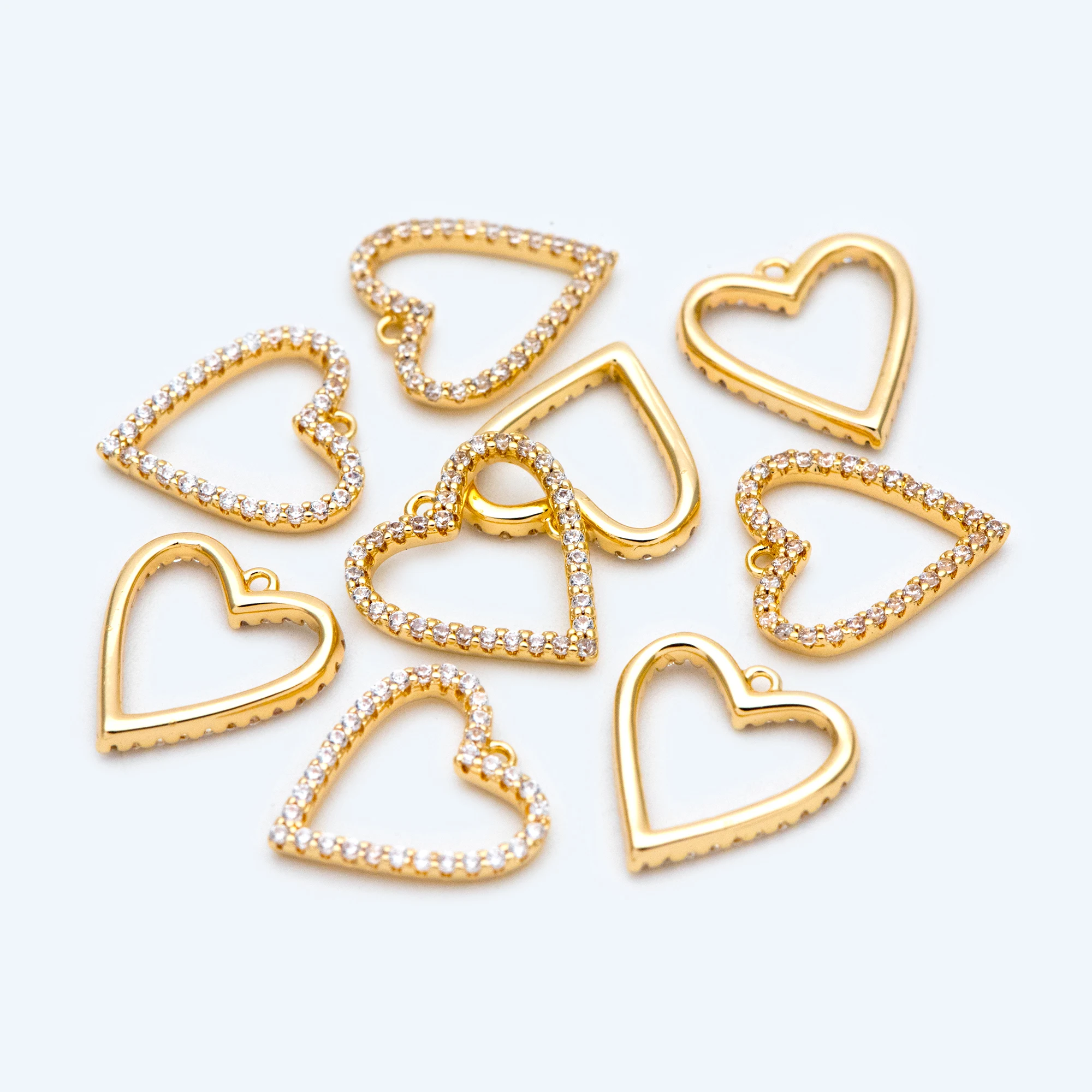 10pcs CZ Paved Gold Heart Pendants 13x12mm, 18K Gold Plated Brass, Rhinestone Heart Charms For Jewelry Making DIY (GB-1730)