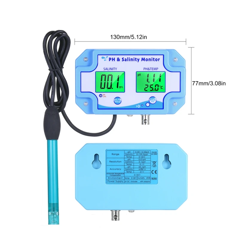 Online PH Salinity TEMP Water Quality Monitor LCD Display 3in1 Digital pH Salt Temperature Value For Aquarium Fish Tank Seawater