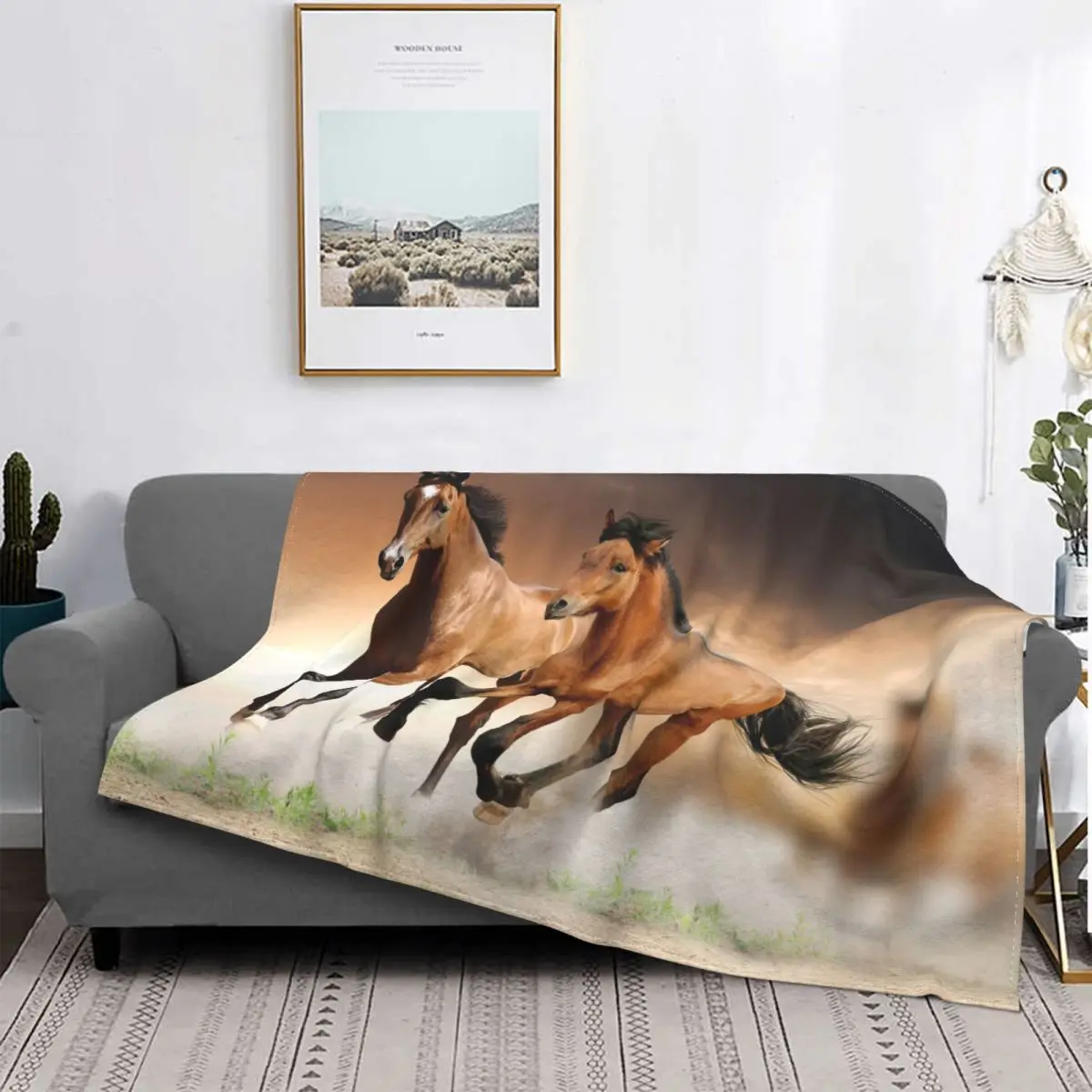 Horse Family Running Blanket Galloping Animal Lovers Flannel Throw Blanket Bed Sofa Portable Lightweight Bedspreads