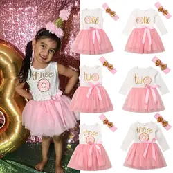 Stylish Newborn  Baby Girls Dress Princess My 1st  Birthday Party Donut Letters Tutu Tulle Dresses Headband Outfit Vestidos