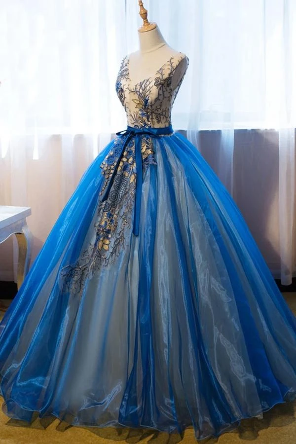 Vestido único de fiesta de Organza con cuello en V, vestido de noche de tul azul, largo hasta el suelo, con apliques florales