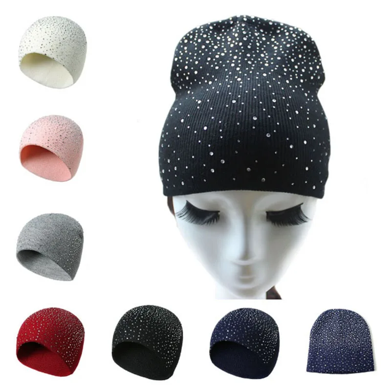 Spring  Atumn Winter Hats for Women Knitted Beanie Cap Girls Wool Brand Hat with Shining Rhinestone Female Casual Hats