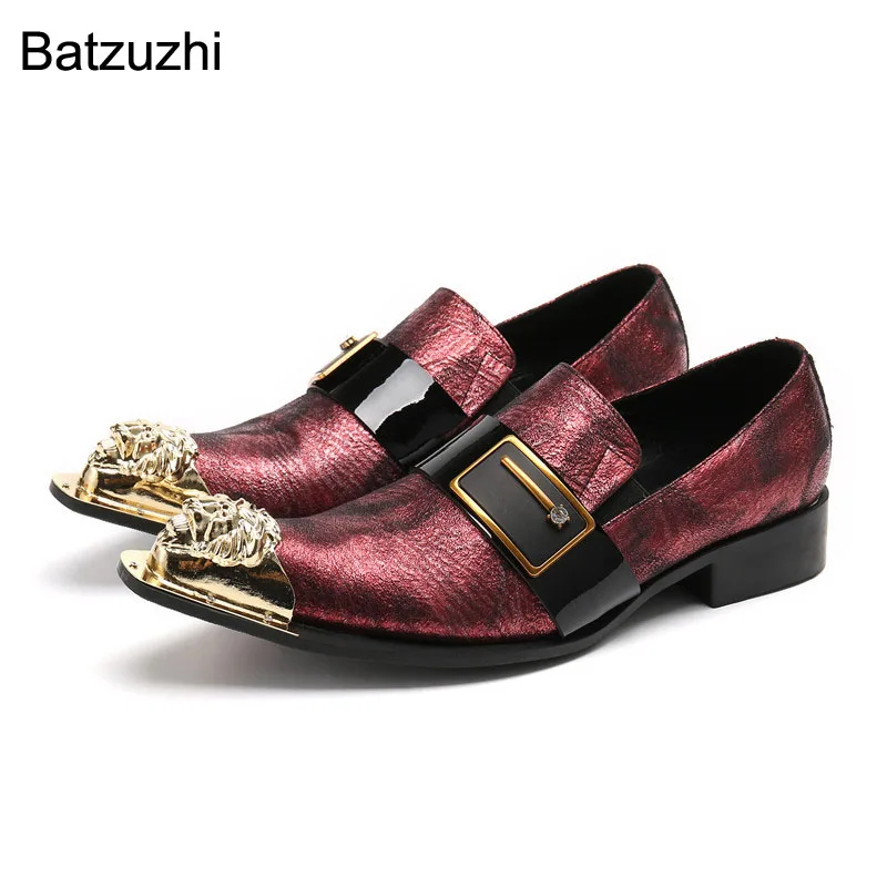 Batzuzhi New Handmade Men's Leather Dress Shoes Pointed Golden Metal Toe Fashion Business, Party and Wedding Shoes Men, Big Size