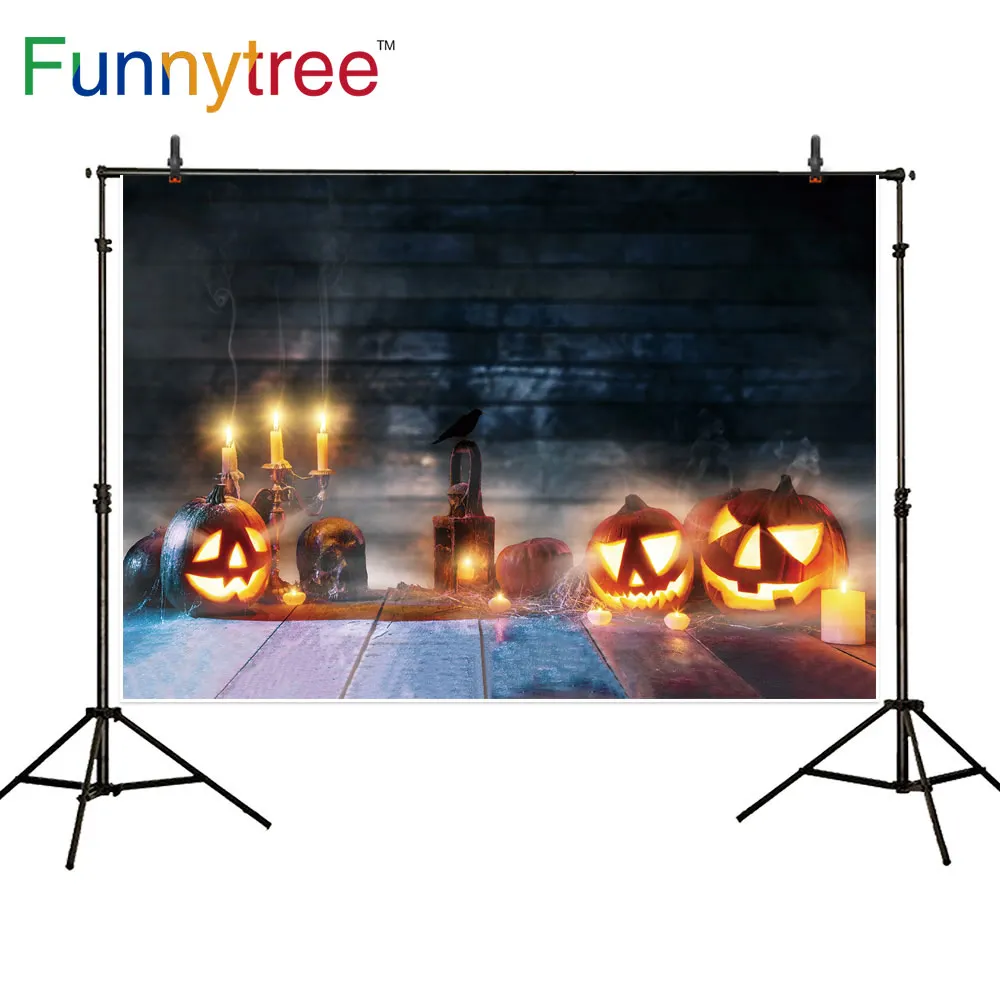 Funnytree Halloween Decoration Background Pumpkin Lantern Skull Wood Backdrop Photo Studio Photo Booth Photography Wallpaper