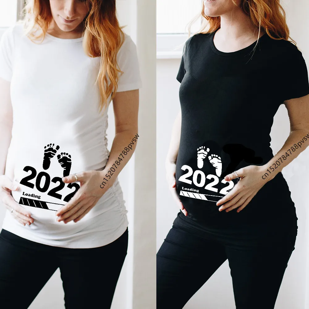 Women Pregnant Baby Loading 2022 Printed T Shirt Girl Maternity Short Sleeve Pregnancy Announcement Shirt New Mom Clothes