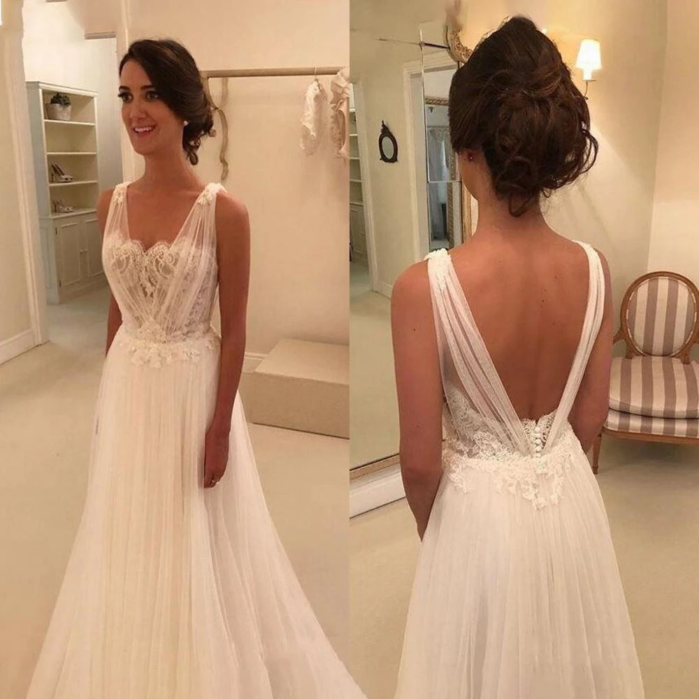 

MYYBLE Beach Wedding Dresses 2023 V Neck Backless Sweep Train A Line Appliques Garden Country Bridal Gowns vestidos de novia