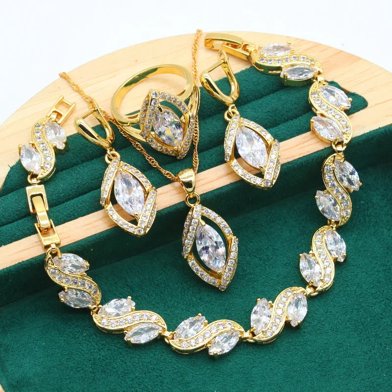 Dazzling Gold Color Female Jewelry Sets Wedding White Zircon Bracelet Earrings Pendant Bride Ring Gift For Women Necklace Set