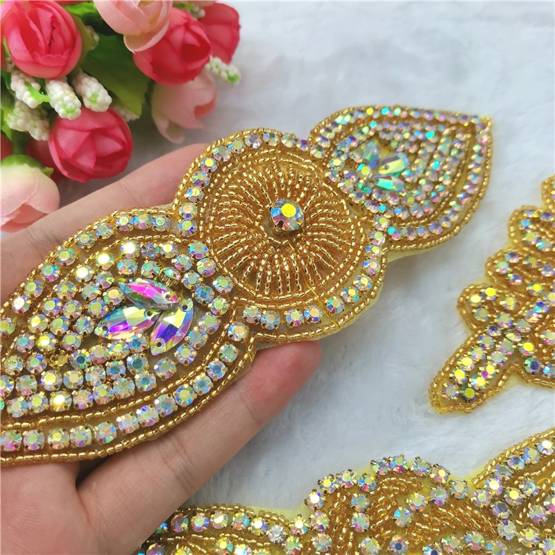 Rhinestone crystal Appliques patch iron on silver gold hand beaded applique for belt accessory sewn on wedding dress