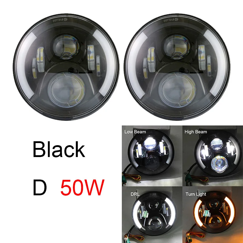 2Psc 7 Inch LED Headlight H4 Hi-Lo With Halo Angel Eyes For Lada 4x4 Urban Niva Jeep JK Land Rover Defender Hummer