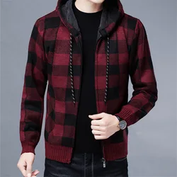 New Autumn Winter Men's Sweater Coat Thick Warm Hooded Plaid Wool Sweater Cardigan Jumpers Zipper Fleece Sweater Coat for Men