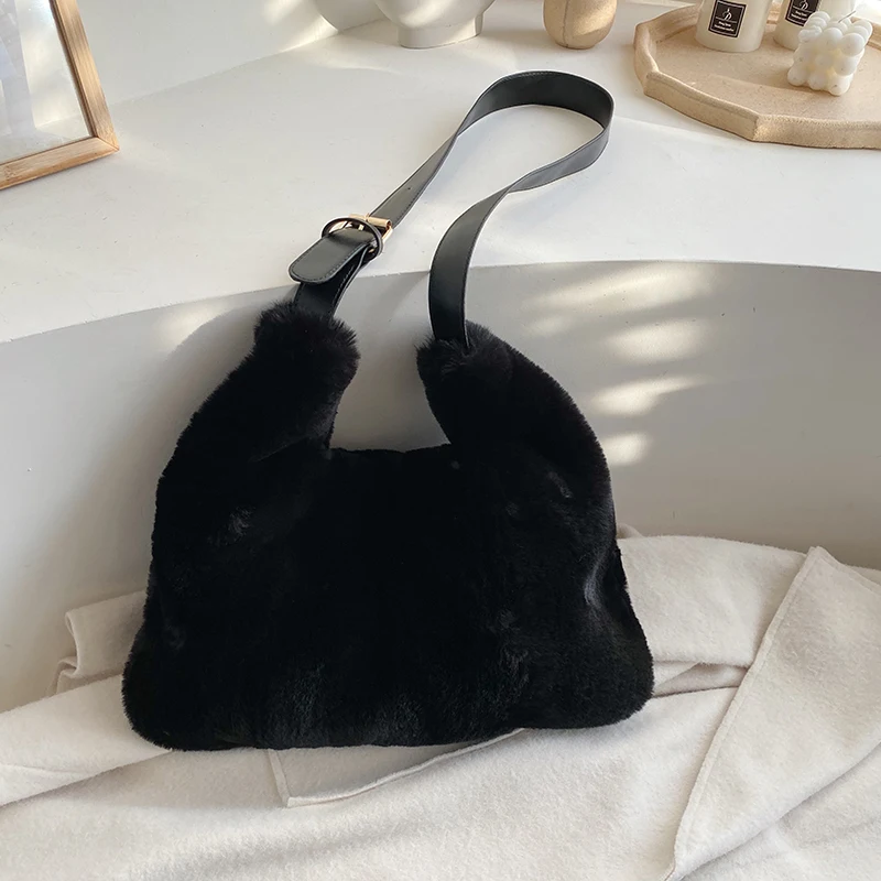 Fluffy Bag For Women 2023 Big Shopper Shoulder Cute Crossbody Shopping Faux Fur Fashion Designer Luxury Sling Saddle Korean Bags