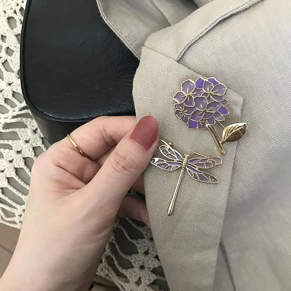 Trendy Purple Brooch Pin Dragonfly Lilac Iris Badge Plant Animal Brooch Party Collar Accessories Jewelry for Women