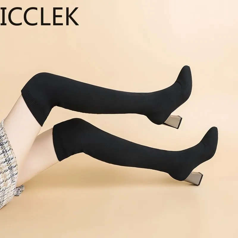 Women Boots High Heels Over The Knee Boot Knitting Socks Booties Stretch Fabric Thigh High Boots Woman Shoes High Heels Sexy