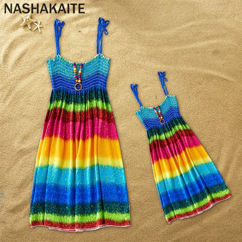 NASHAKAITE Mommy and me clothes Rainbow Sling Dress Bohemia Beach Mother daughter dresses Family Look Contains necklace Gift