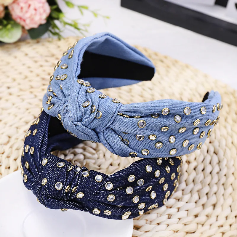 Bohemian Ethnic Denim Center Knot  Hairband With Rhinestone Knotted Headband Hair Accessories