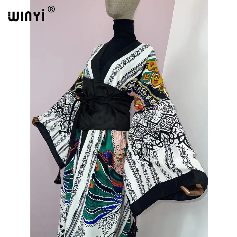 WINYI 2022 kobiety kimono moda w stylu Vintage Totem kwiatowy kaftan drukuj talia seal koszula Midi sukienka z długim rękawem Casual Slim Vestidos