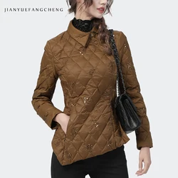 Vintage Brown Embroidery Womens Winter Down Jacket Slim Irregular Side Button Down Sequin Warm White Duck Down Puffer Coat Parka