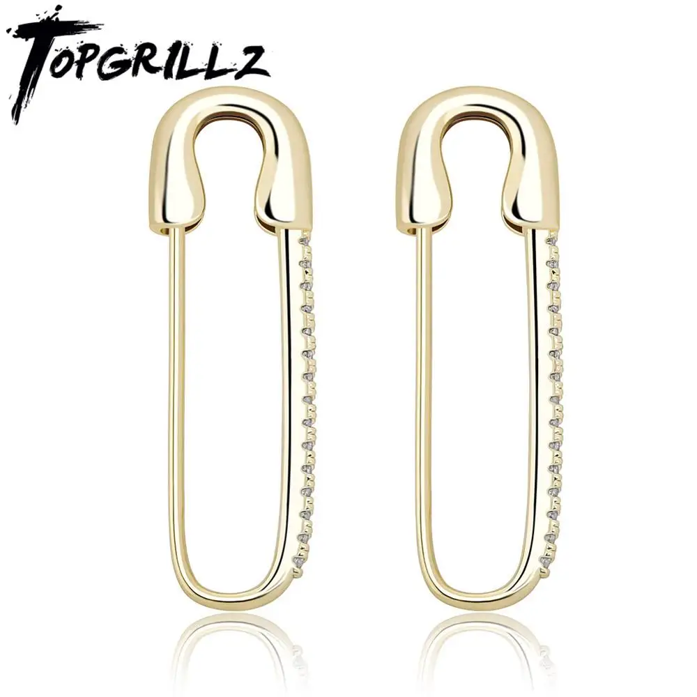 TOPGRILLZ Safety Pin Chain Earring Iced out Cubic Zirconia Pin Earring Hip Hop Fashion Charm Party Jewelry For Gift Men Women