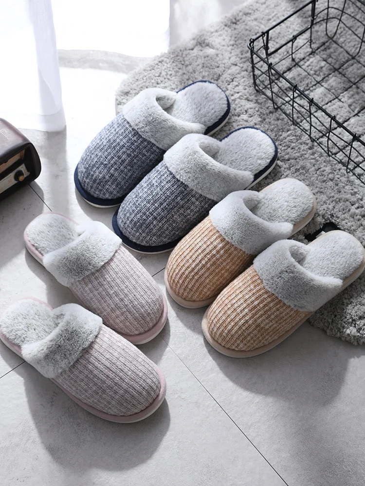 

Knitted Cotton Slippers Household Winter Warm Indoor Non-slip Cotton Shoes Slippers Female Home Thick-soled Wool Slippers