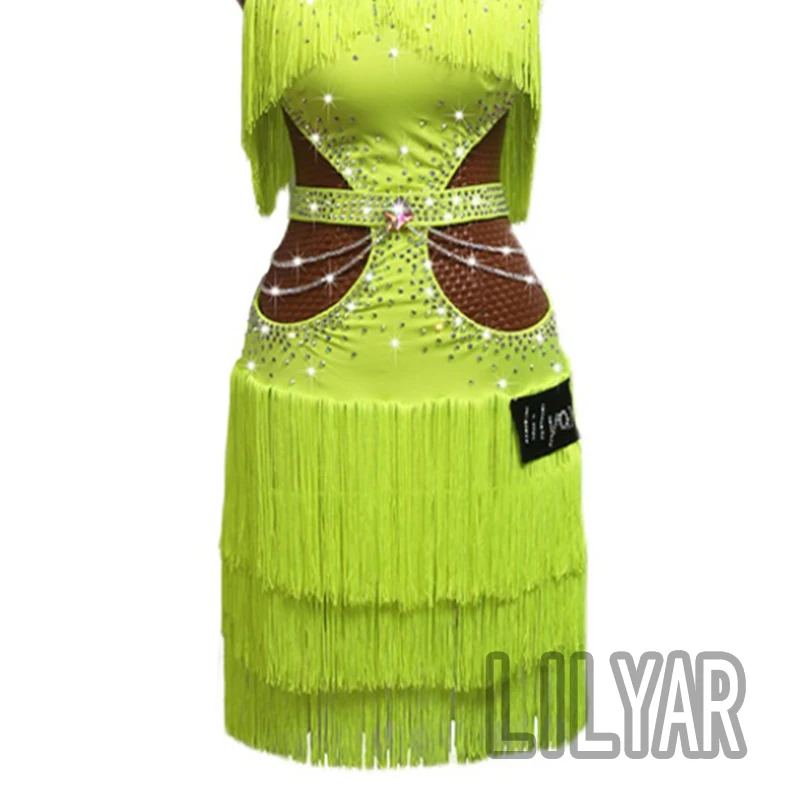 New Latin Dance Performance Dress Adult Custom Fluorescent Green Tassels Open Waist Sexy Design Dance Dress