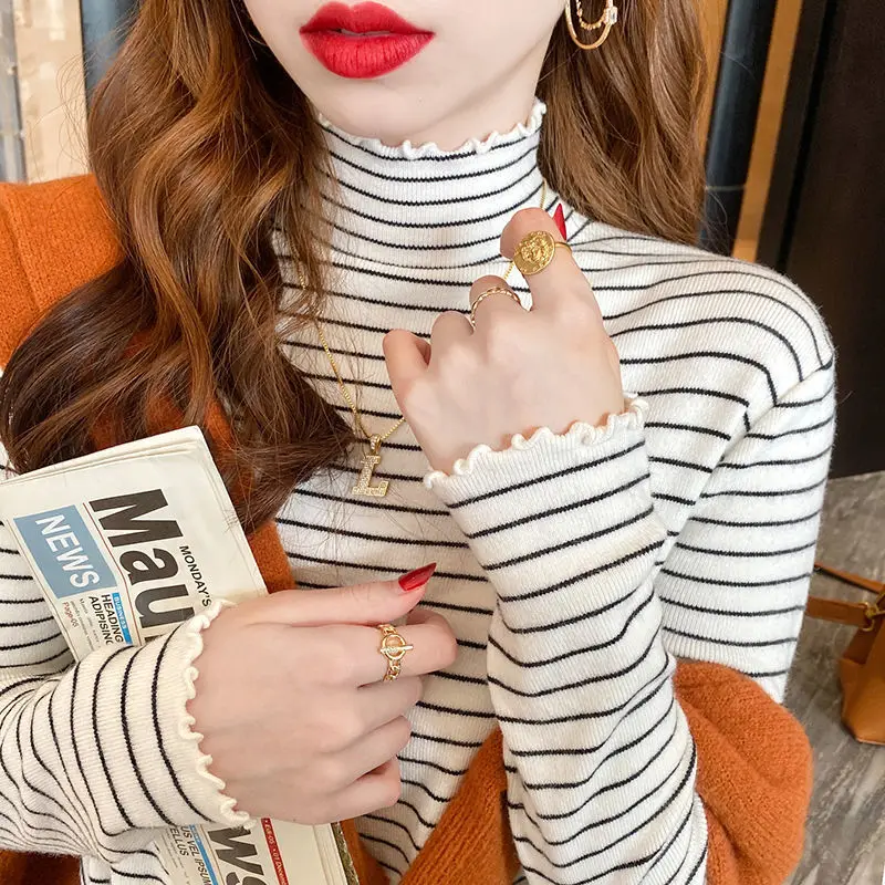 Woman Tshirts Striped Turtleneck Women's Clothing Autumn Winter Coat Tops Mujer Camisetas