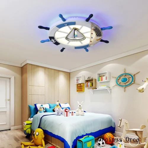 

Mediterranean Blue Sailing Roof Lights Boy's Bedroom Children's Room Lights Cartoon Creative Ship Rudder Suction Roof Lights