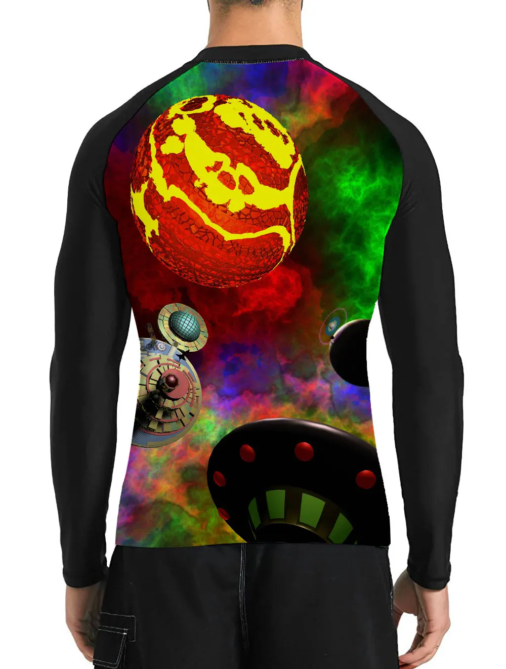 Mens Space Satellite Galaxy Vibrant UPF 50+ Surfing Diving Swimming Long Sleeves Rash Guards Tops