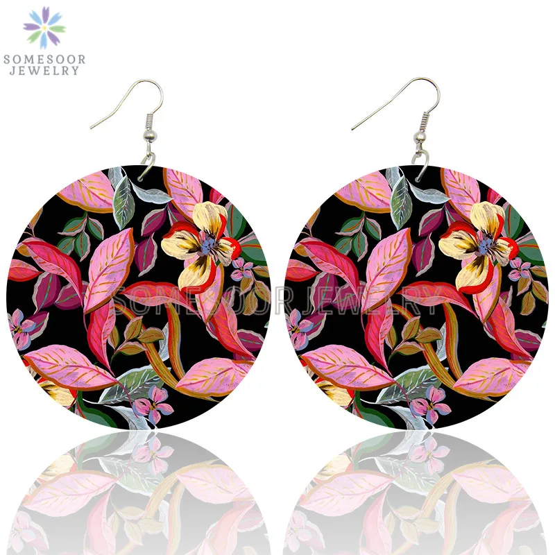 SOMESOOR Afro Fabric Design Wooden Drop Earrings African Ethnic Bohemian Pattern Printed Loops Dangle Jewelry For Women Gifts