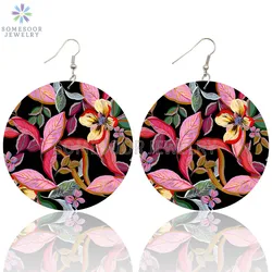 SOMESOOR Afro Fabric Design Wooden Drop Earrings African Ethnic Bohemian Pattern Printed Loops Dangle Jewelry For Women Gifts