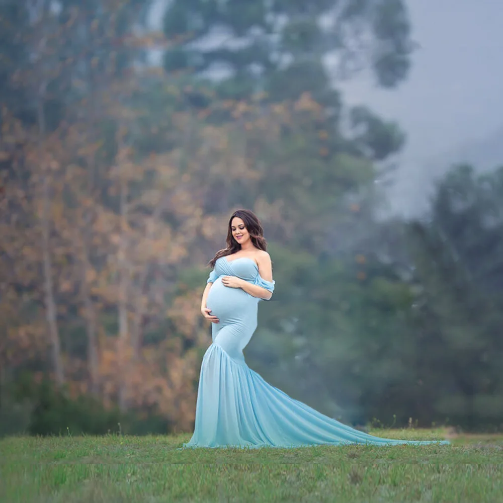 

Sexy Long Maternity Photography Props Dresses Tulle Perspective Pregnancy Dress Mesh Blue For Pregnant Women Photo Shooting