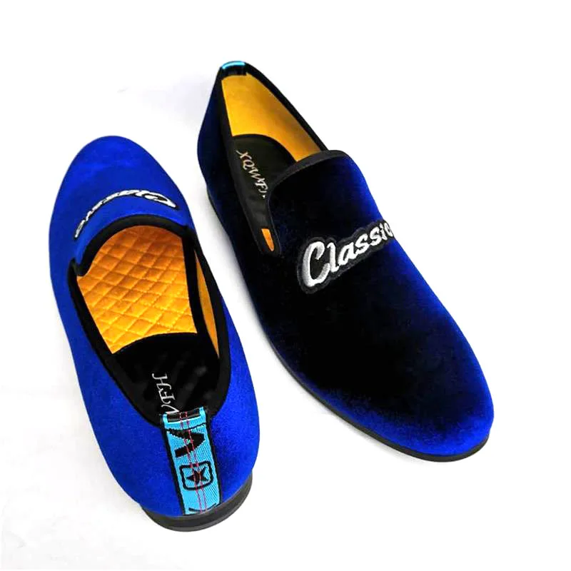 Men Classics Loafers Moccasins Blue Velvet Dress Shoes Wedding Party Flats Smoking Slippers Casual Shoes Fashion