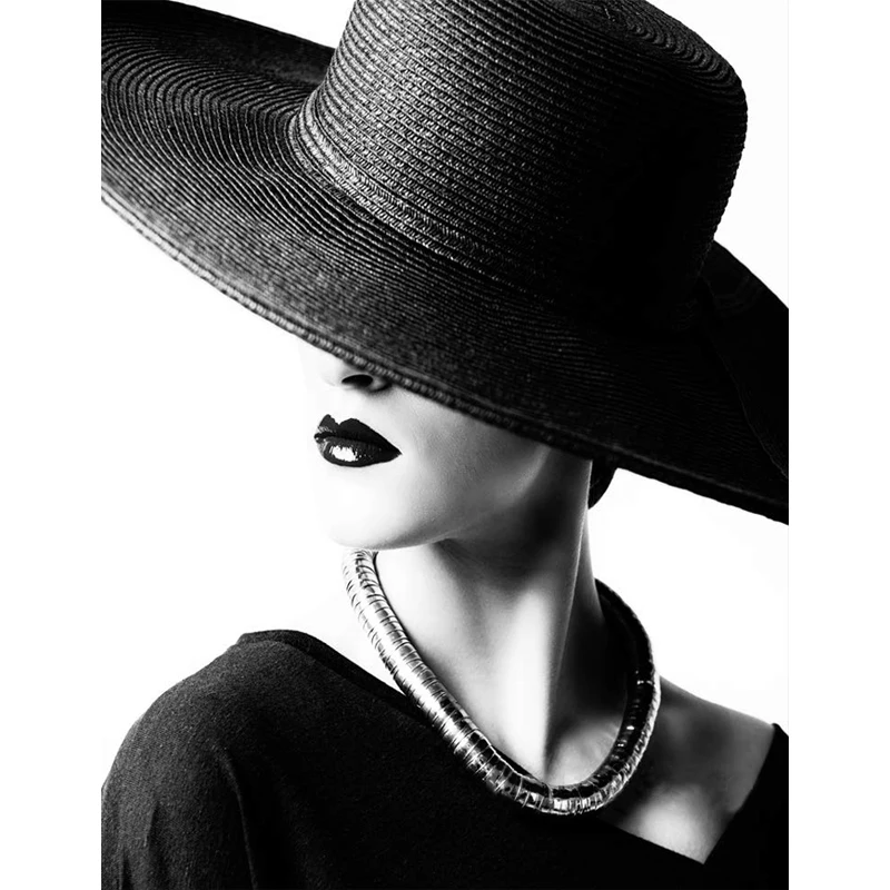 

Elegant Lady Diamond Painting Hat Woman Diamond Embroidery 5D Full Square Diamond Mosaic Diamant Painting Black White Art Crafts