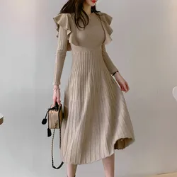 SMTHMA 2026 New Winter Vintage Elegant O-Neck Female Thicken Knit Long Dress Slim Full Sleeve Ruffles Women Sweater Vestidos