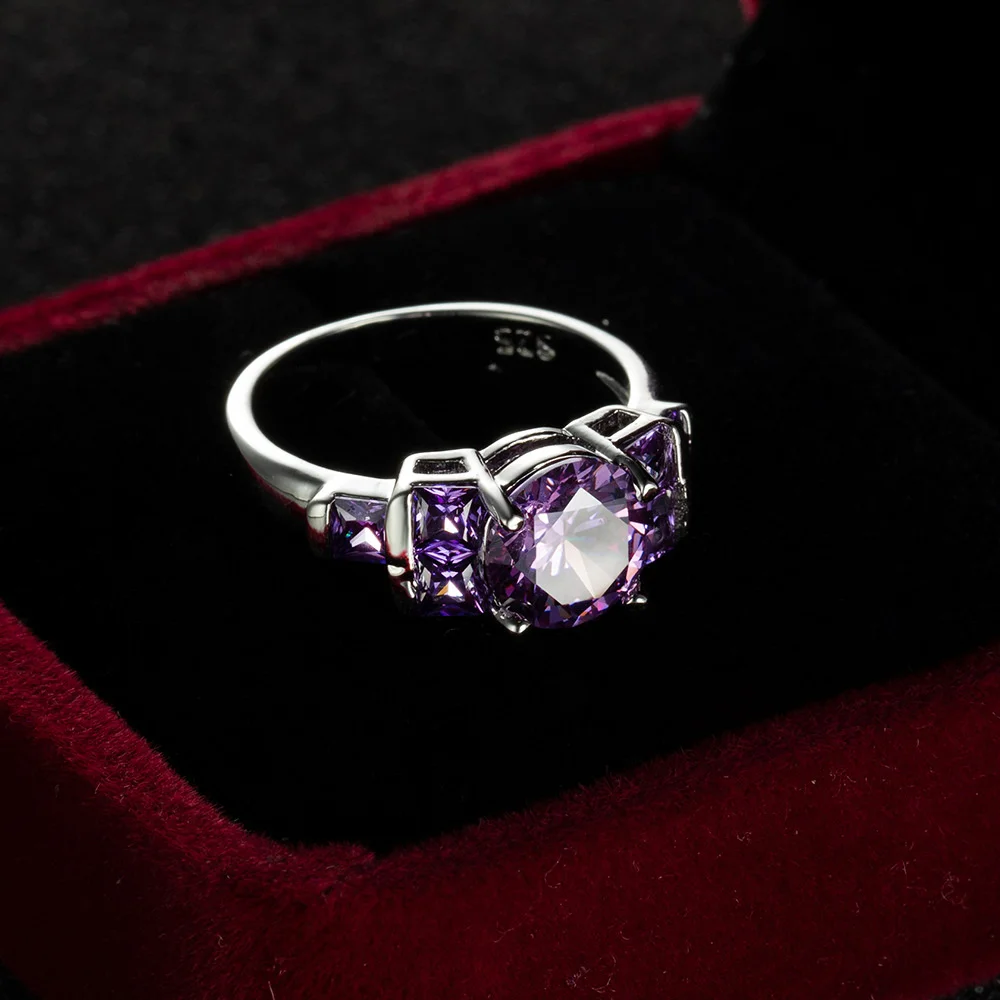 Jellystory 925 Sterling Silver Round Zircon Rings For Women Simple Vintage Purple Gemstone Wedding Anniversary Fine Jewelry