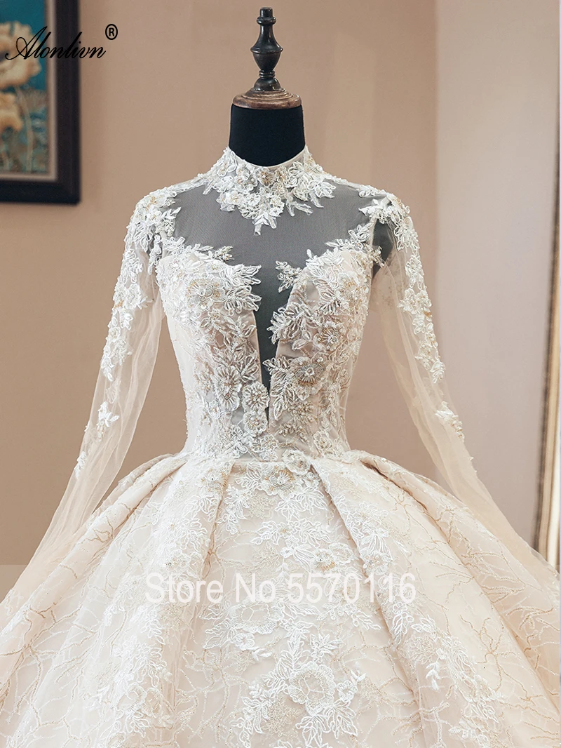 Alonlivn brilhante renda gola alta vestidos de casamento mangas compridas miçangas cristais apliques vestido de baile vestido de noiva personalizar