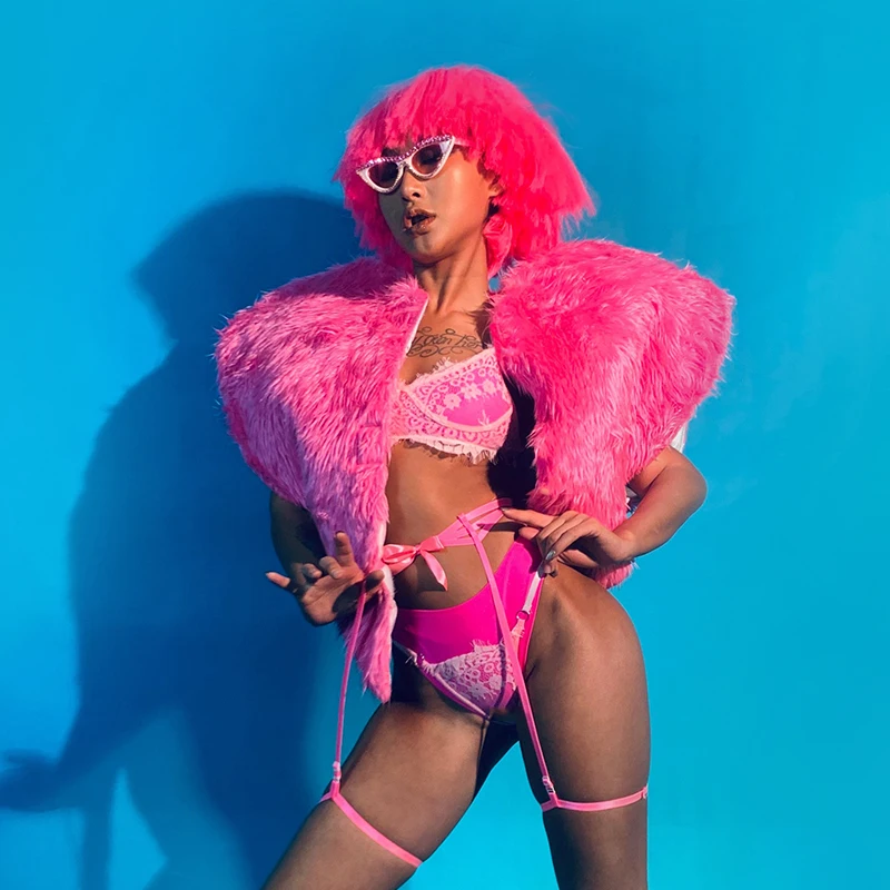 Gogo Ds Dancing Costume Pink Plush Coat Bikini Suit Nightclub Dj Singer Dancer Performance Stage Clothing Rave Outfit VDB3632