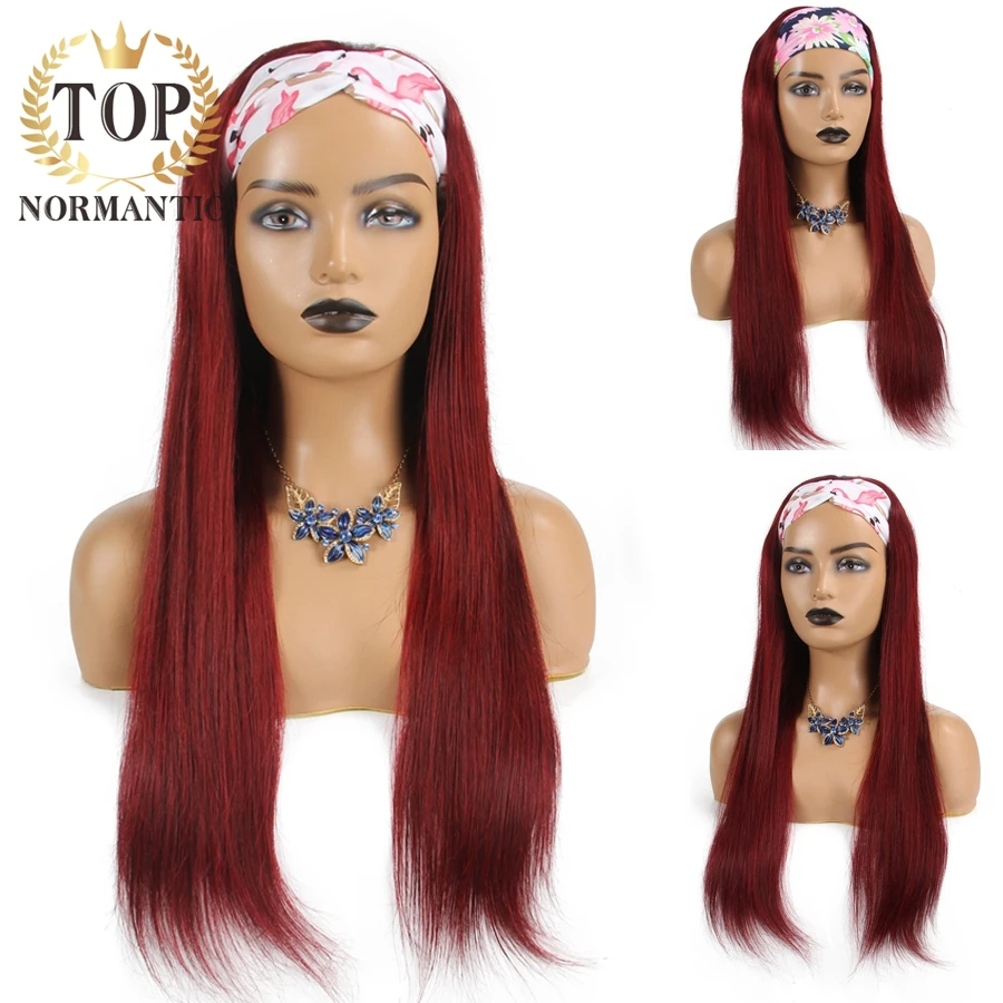 Topnormantic Red Color Brazilian Remy Human Hair Wigs For Women Silky Straight Headband Wig Full Machine Wigs